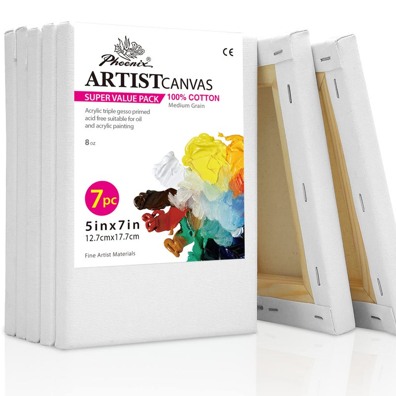 PHOENIX Stretched Canvas for Painting 5x7 Inch/7 Value Pack, 8 Oz Triple Primed 5/8 Inch Profile 100% Cotton White Blank Canvas,Small Framed Canvas for Oil Acrylic & Pouring Art - Image 1
